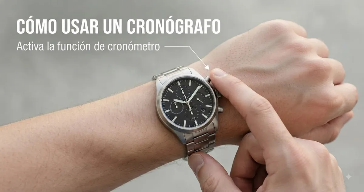 Persona pulsando un botón de un reloj cronógrafo de cuarzo para hombre para usar el cronómetro