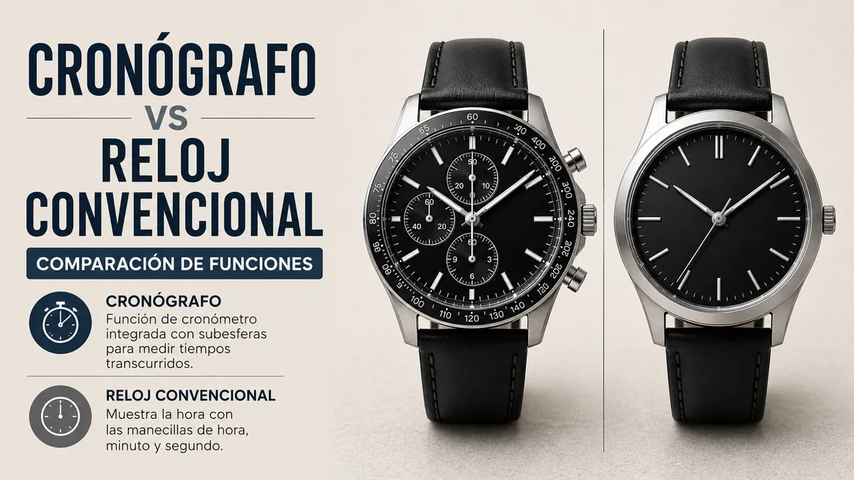 Reloj cronógrafo de cuarzo para hombre junto a un reloj de tres agujas para comparar funciones
