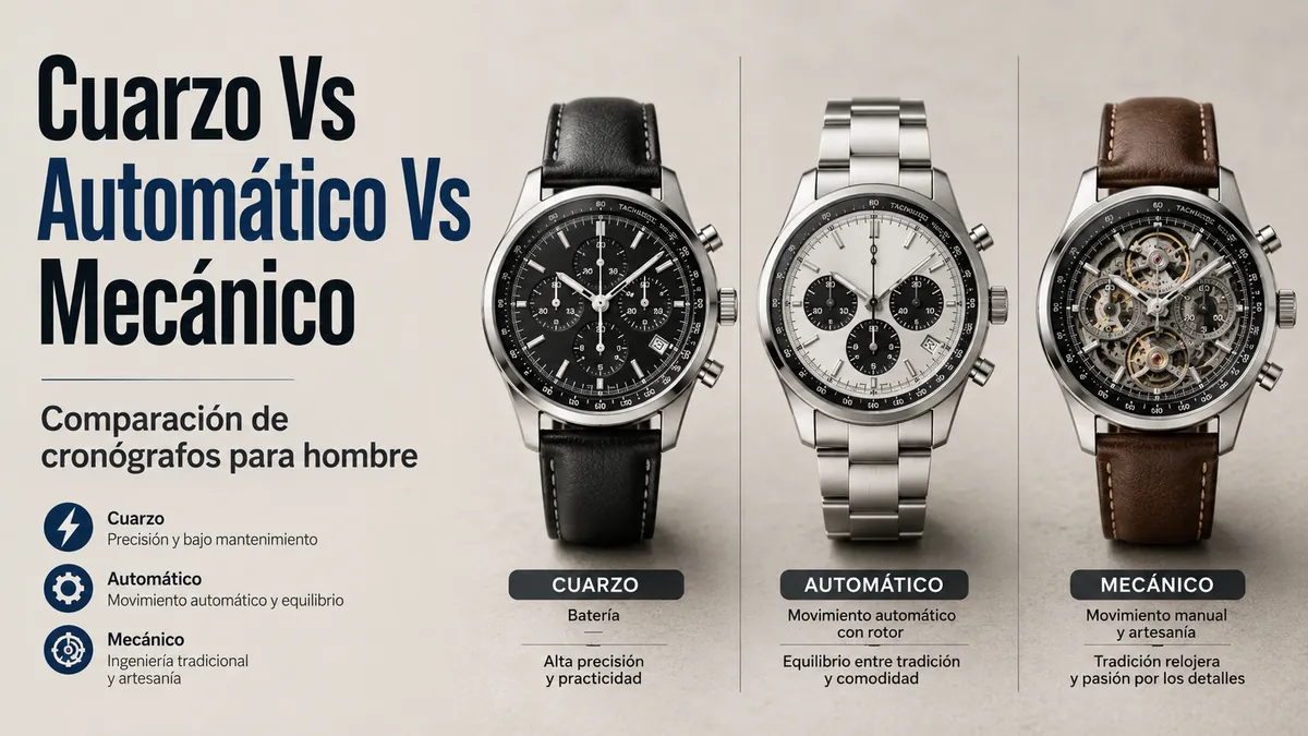 Reloj cronógrafo de cuarzo para hombre comparado con estilos de cronógrafo automático y mecánico