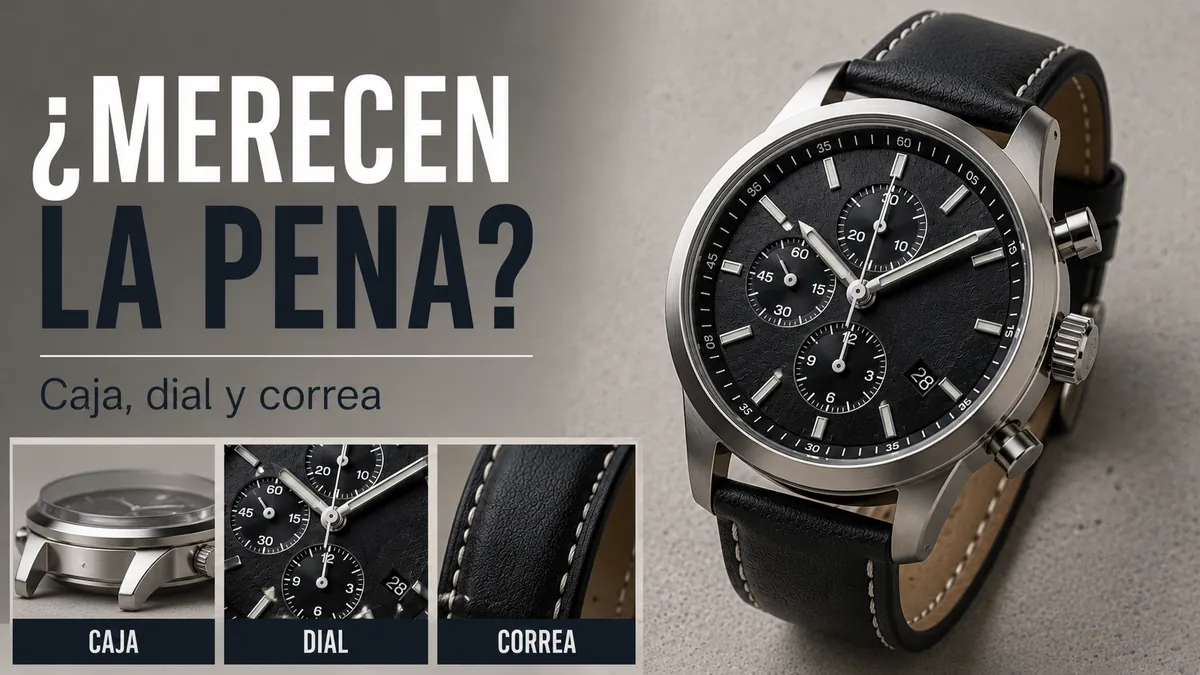 Reloj cronógrafo de cuarzo para hombre mostrado con detalles de calidad como caja, dial y correa