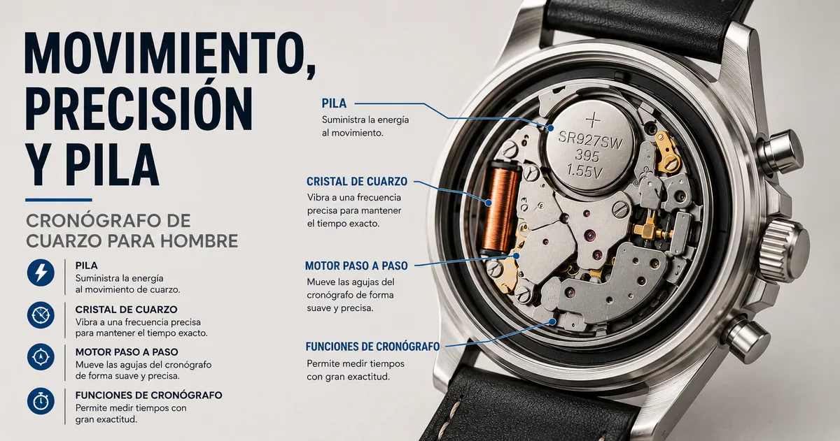 Reloj cronógrafo de cuarzo para hombre con trasera abierta y sistema alimentado por pila