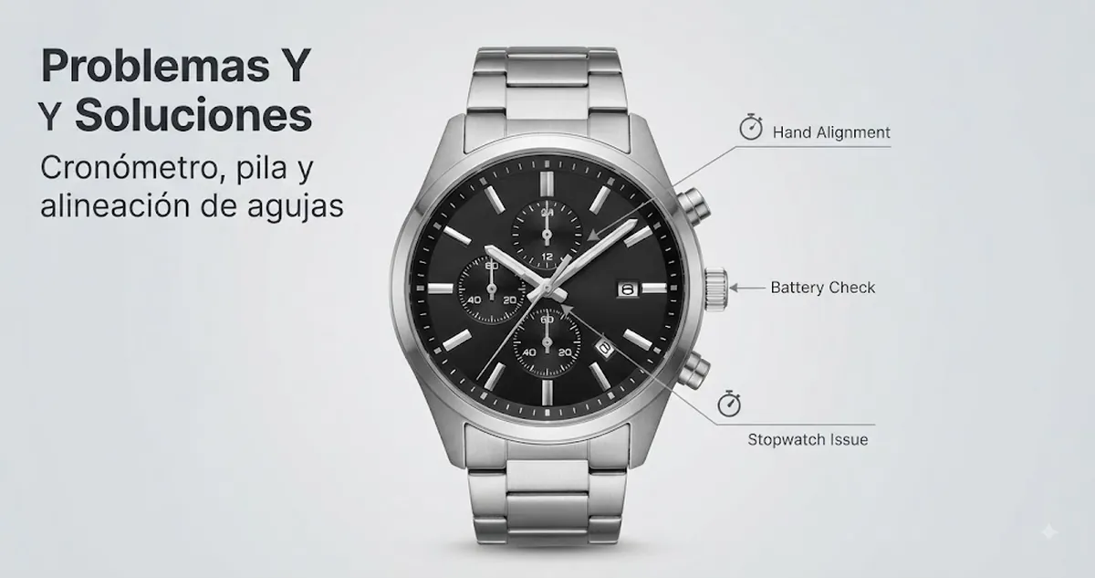Reloj cronógrafo de cuarzo para hombre revisado por fallos de cronómetro, pila y alineación de agujas