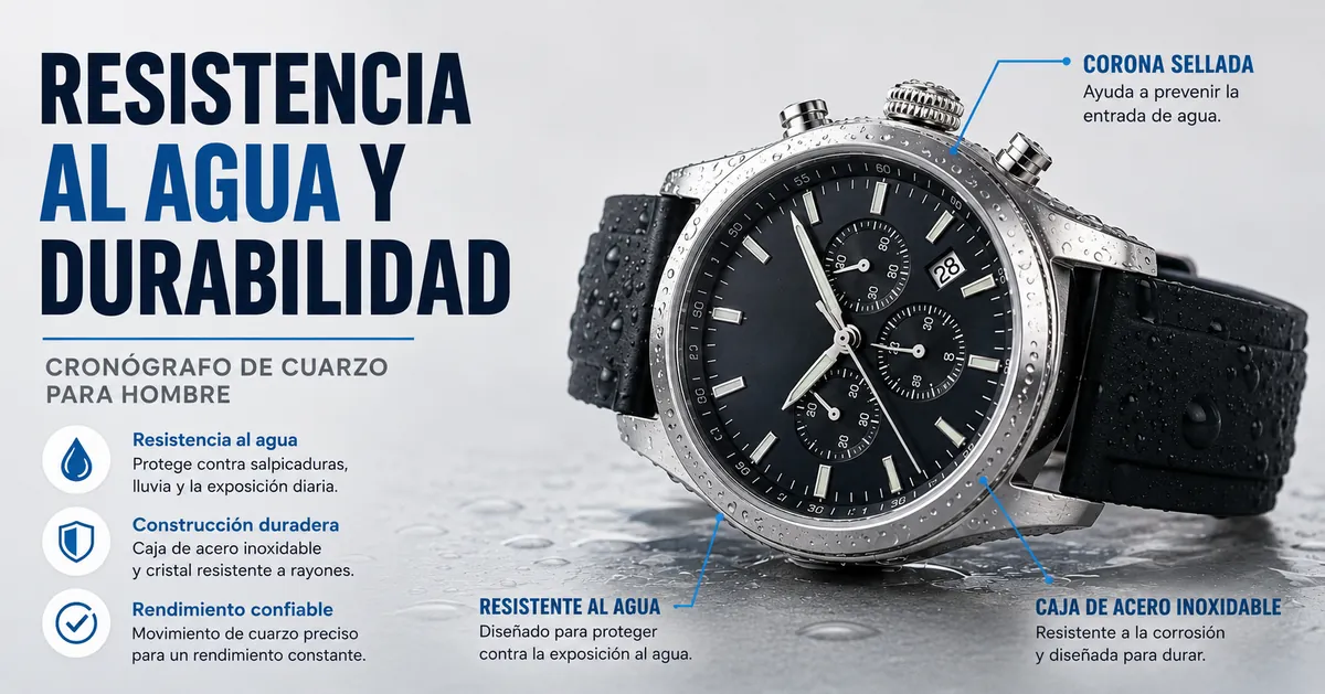Reloj cronógrafo de cuarzo para hombre resistente al agua con caja de acero inoxidable y corona sellada