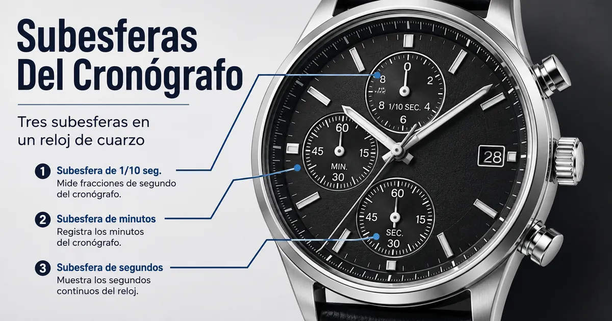 Dial detallado de un reloj cronógrafo de cuarzo para hombre con tres subesferas