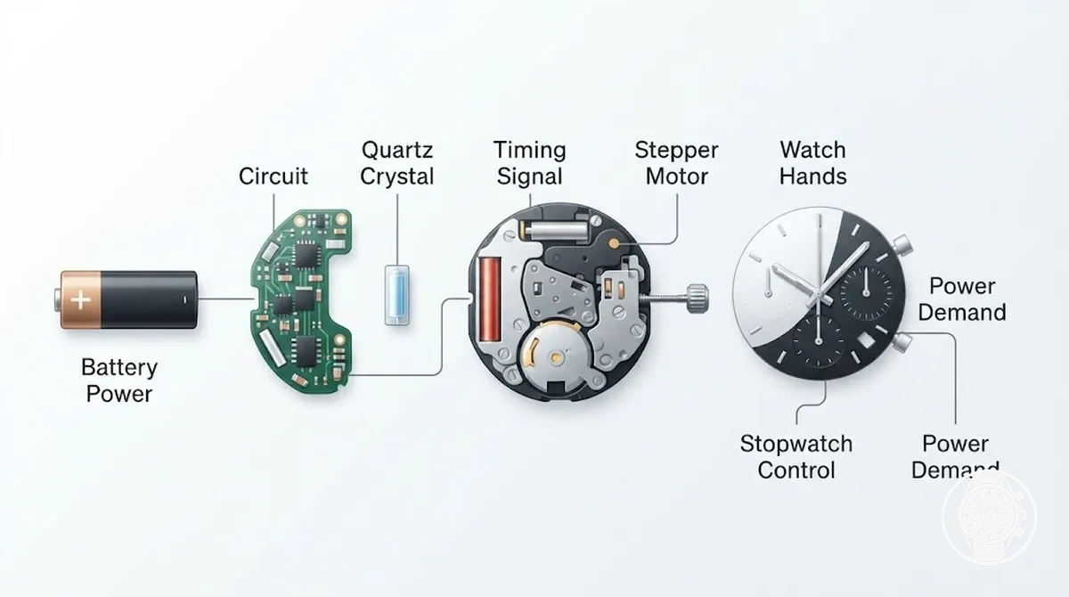 Mouvement chronographe à quartz annoté montrant l alimentation par pile, la régulation à quartz, le chemin du circuit, la commande chronographe et les indicateurs de la montre