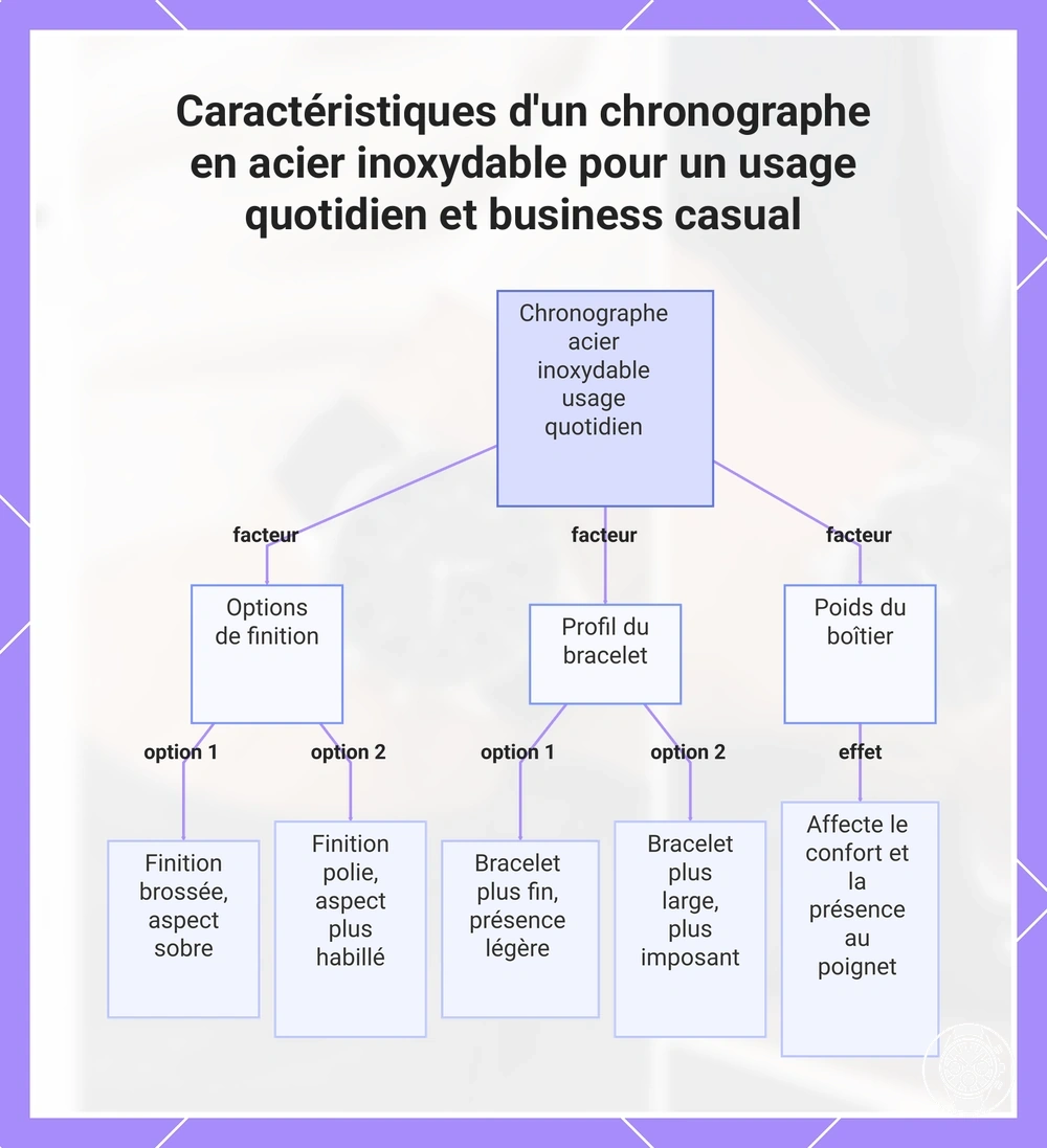 Caractéristiques d'un chronographe en acier inoxydable pour un usage quotidien et business casual