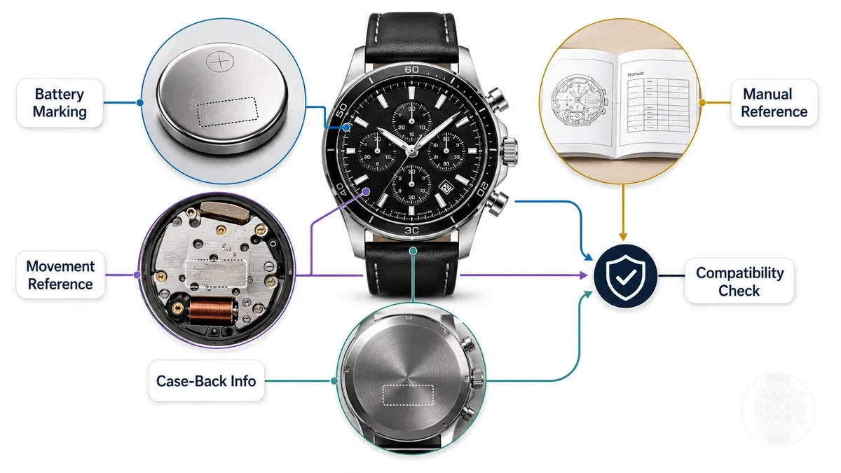 Marquage de la pile de montre existante et référence du mouvement utilisés pour confirmer la compatibilité du remplacement