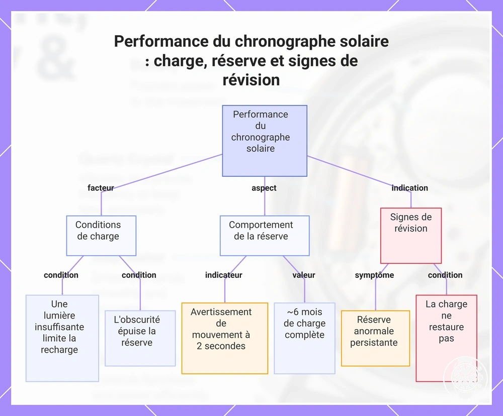 Performance du chronographe solaire : charge, réserve et signes de révision