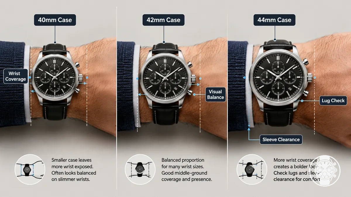 Tailles de boîtier de chronographe à quartz de 40 mm, 42 mm et 44 mm comparées sur des poignets moyens et plus grands.