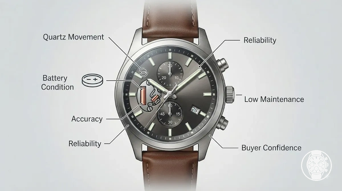 Montre chronographe à quartz avec cadran et mouvement à pile illustrant la précision et un faible entretien
