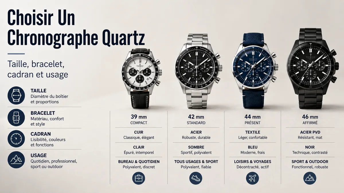 Différentes montres chronographes à quartz pour homme comparées selon la taille, le bracelet, le cadran et l’usage