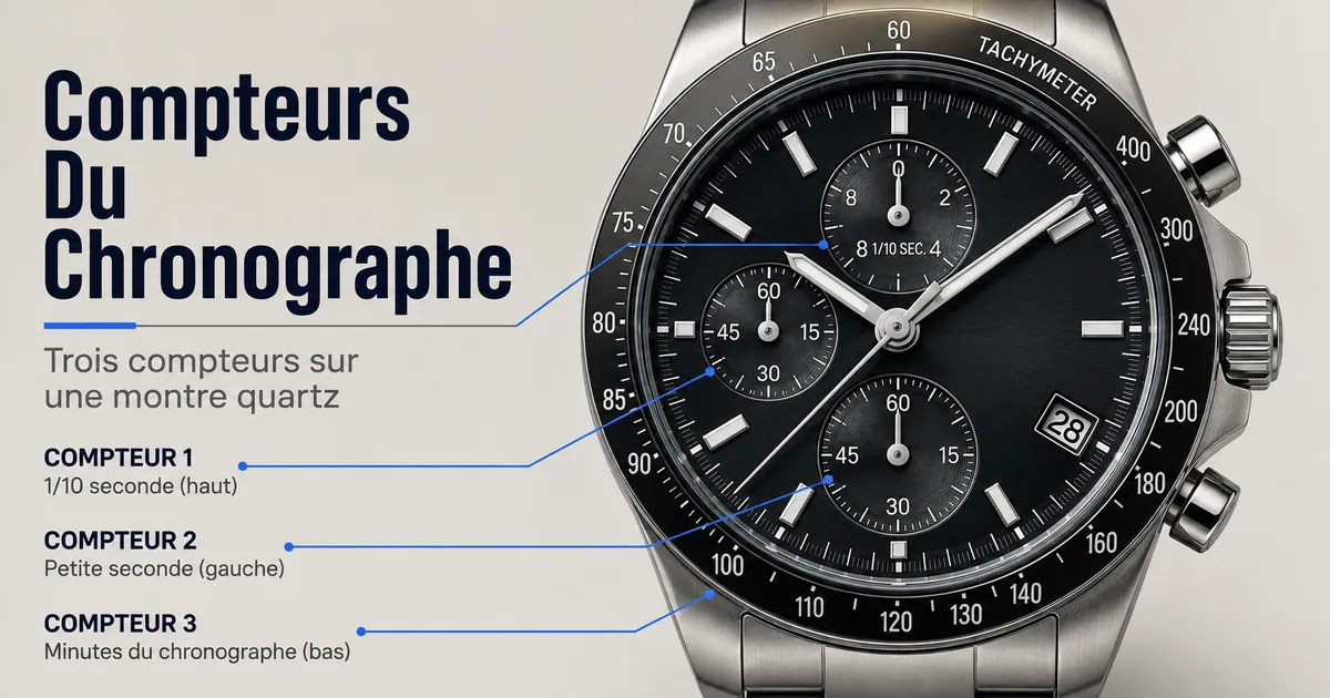 Cadran détaillé d’une montre chronographe à quartz pour homme avec trois compteurs