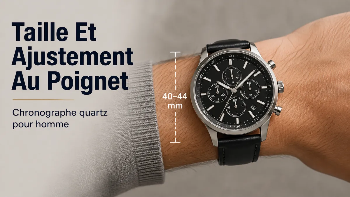 Montre chronographe à quartz pour homme portée au poignet pour montrer la taille du boîtier et l’ajustement