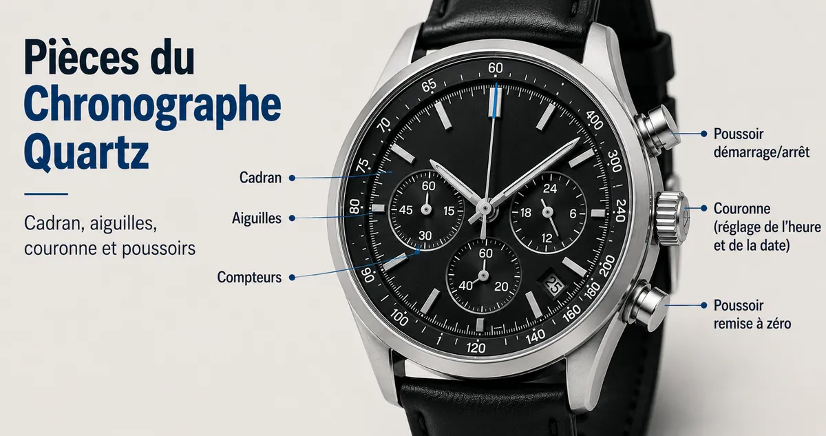 Montre chronographe à quartz pour homme montrant le cadran, les aiguilles, les compteurs, la couronne et les poussoirs latéraux