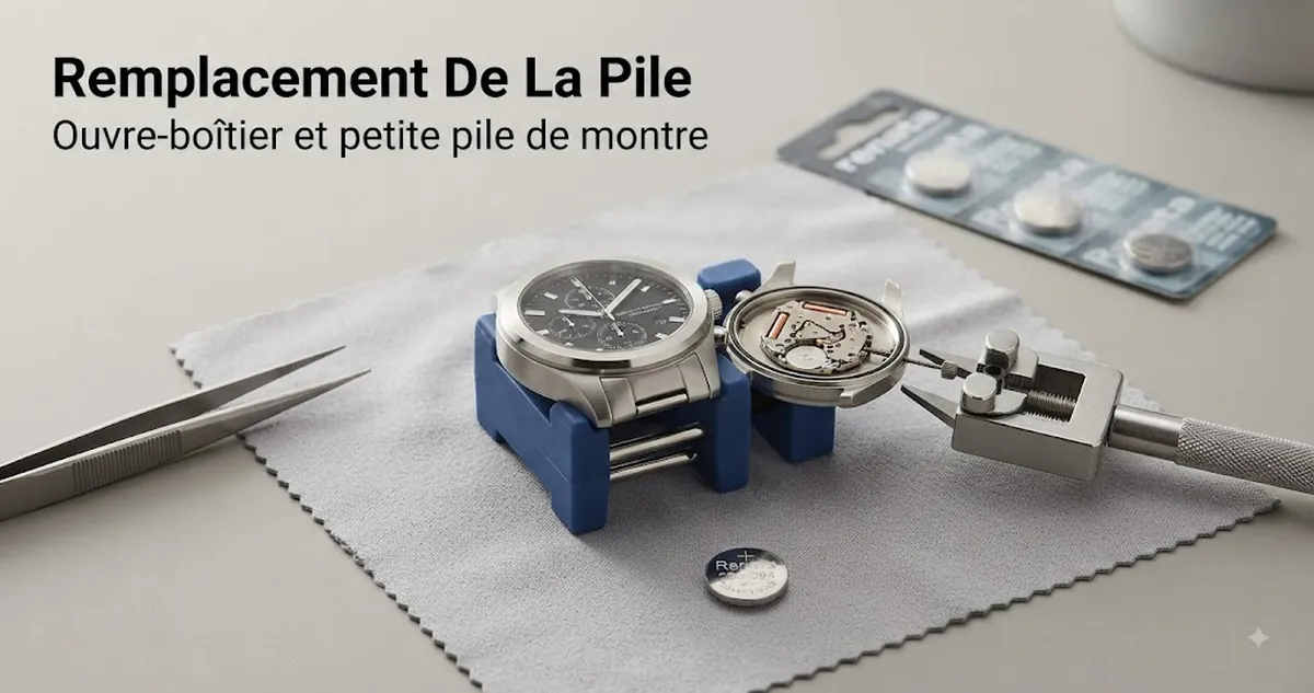 Préparation du remplacement de la pile d’une montre chronographe à quartz pour homme avec ouvre-boîtier et petite pile de montre