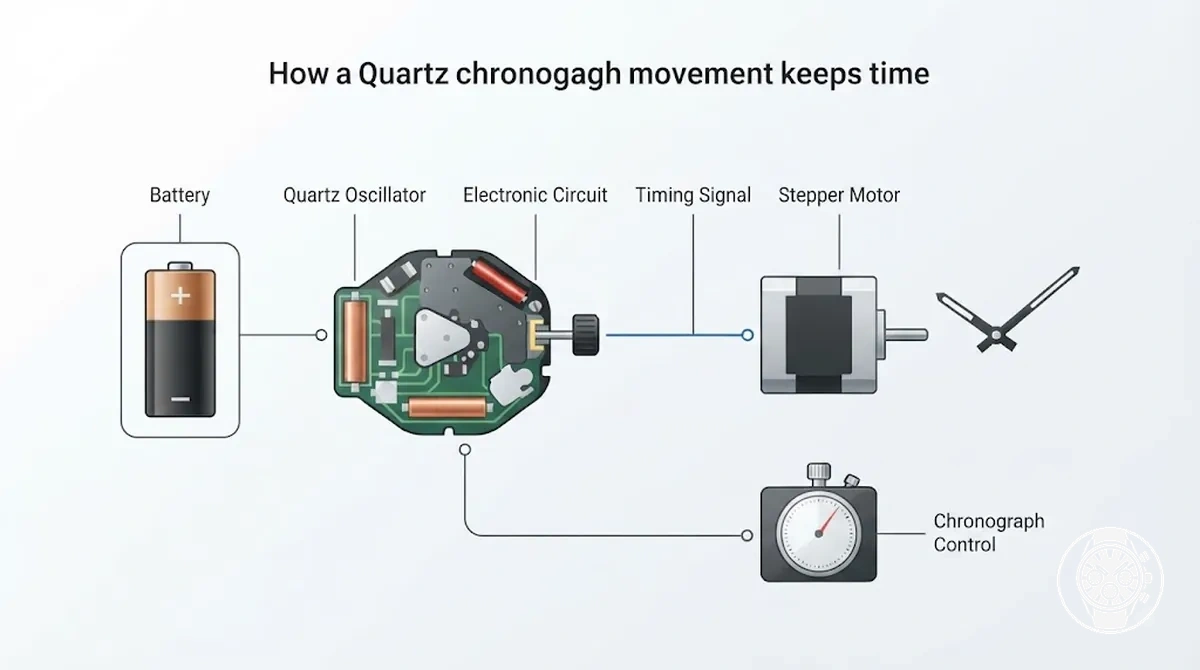 Diagrama mostrando como um movimento de cronógrafo de quartzo usa uma bateria, oscilador de quartzo, circuito eletrônico, motor de passo e controle de cronógrafo para manter a hora