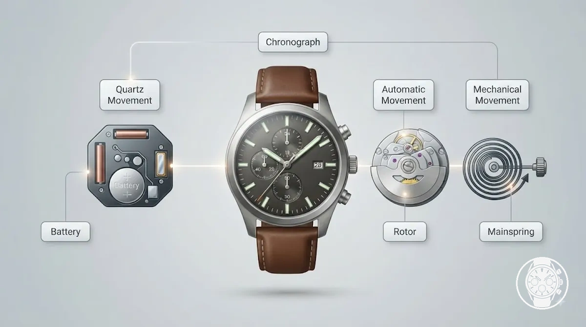 Tipos de movimento de cronógrafo de quartzo, automático e mecânico mostrados em contexto