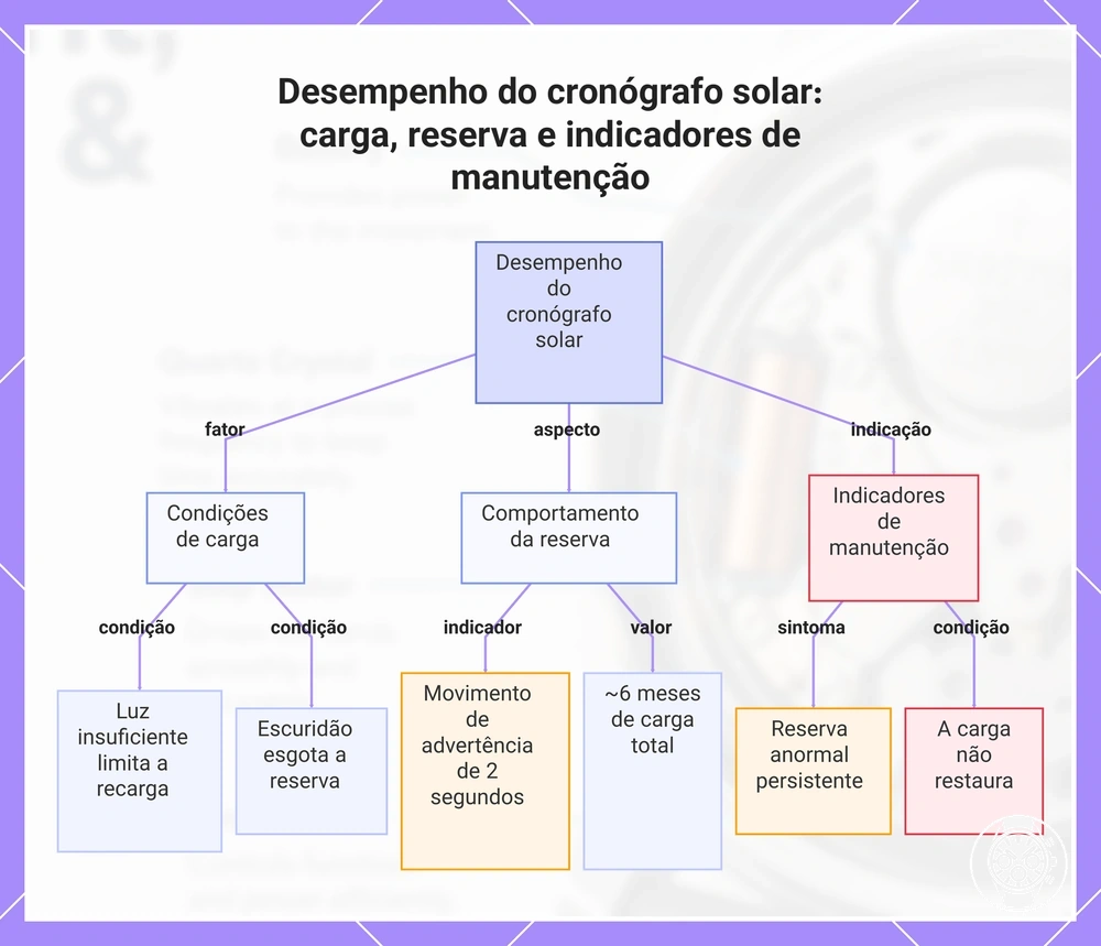 Desempenho do cronógrafo solar: carga, reserva e indicadores de manutenção