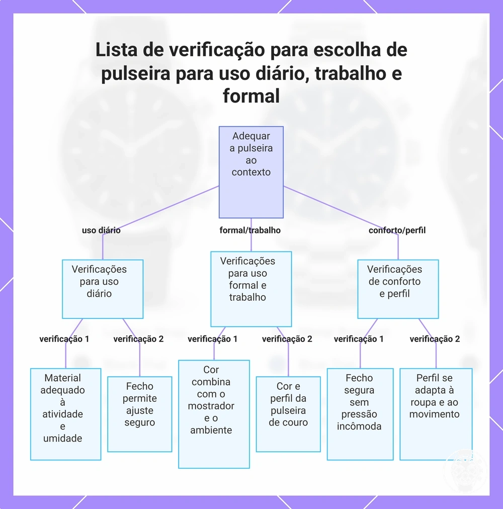 Lista de verificação para escolha de pulseira para uso diário, trabalho e formal
