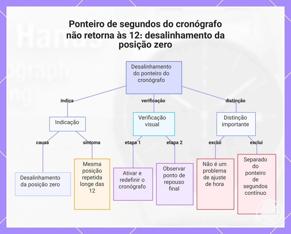 Ponteiro de segundos do cronógrafo não retorna às 12: desalinhamento da posição zero