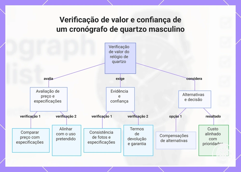 Verificação de valor e confiança de um cronógrafo de quartzo masculino
