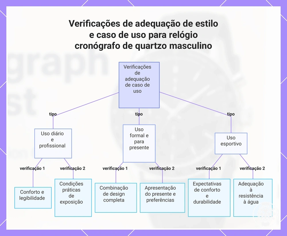 Verificações de adequação de estilo e caso de uso para relógio cronógrafo de quartzo masculino