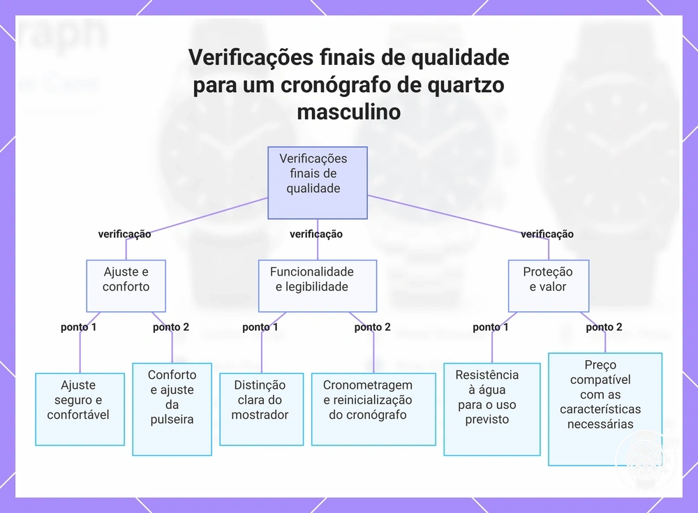 Verificações finais de qualidade para um cronógrafo de quartzo masculino