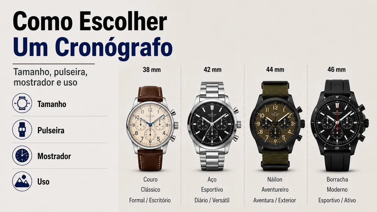 Relógios cronógrafo de quartzo masculinos comparados por tamanho, pulseira, mostrador e uso