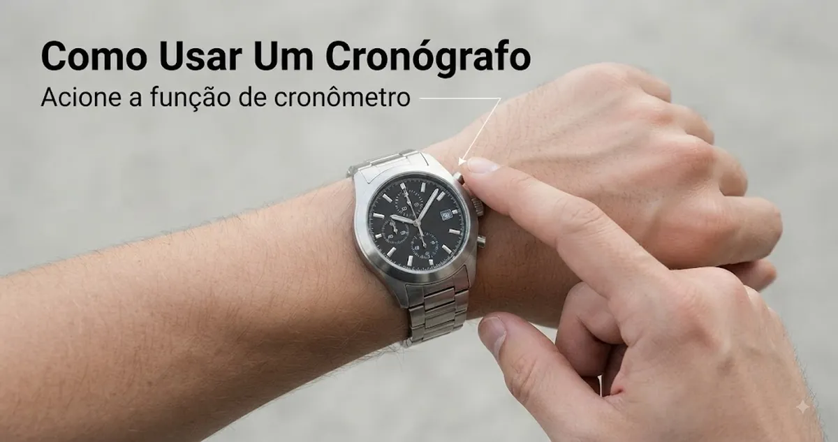 Pessoa pressionando o botão lateral de um relógio cronógrafo de quartzo masculino para usar a função de cronômetro