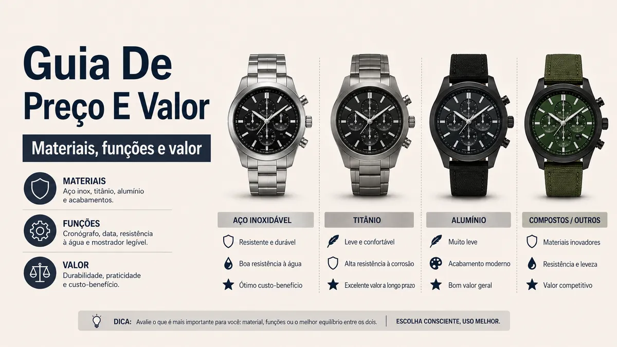 Relógios cronógrafo de quartzo masculinos posicionados para comparar materiais, funções e valor