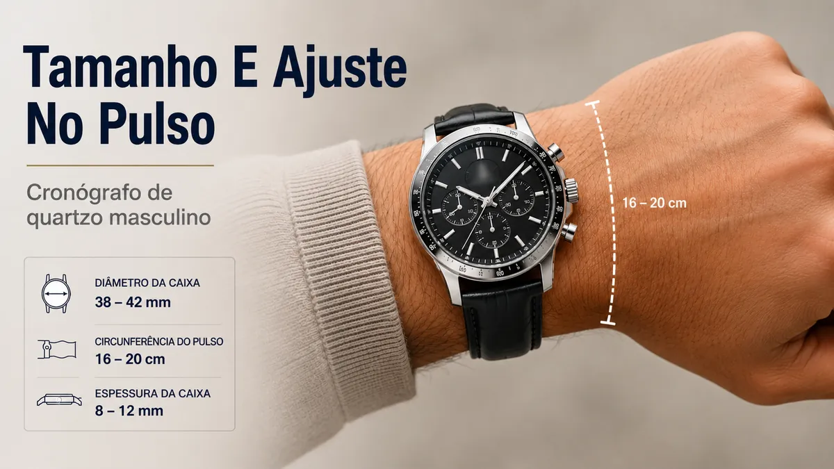 Relógio cronógrafo de quartzo masculino no pulso para mostrar tamanho da caixa e ajuste
