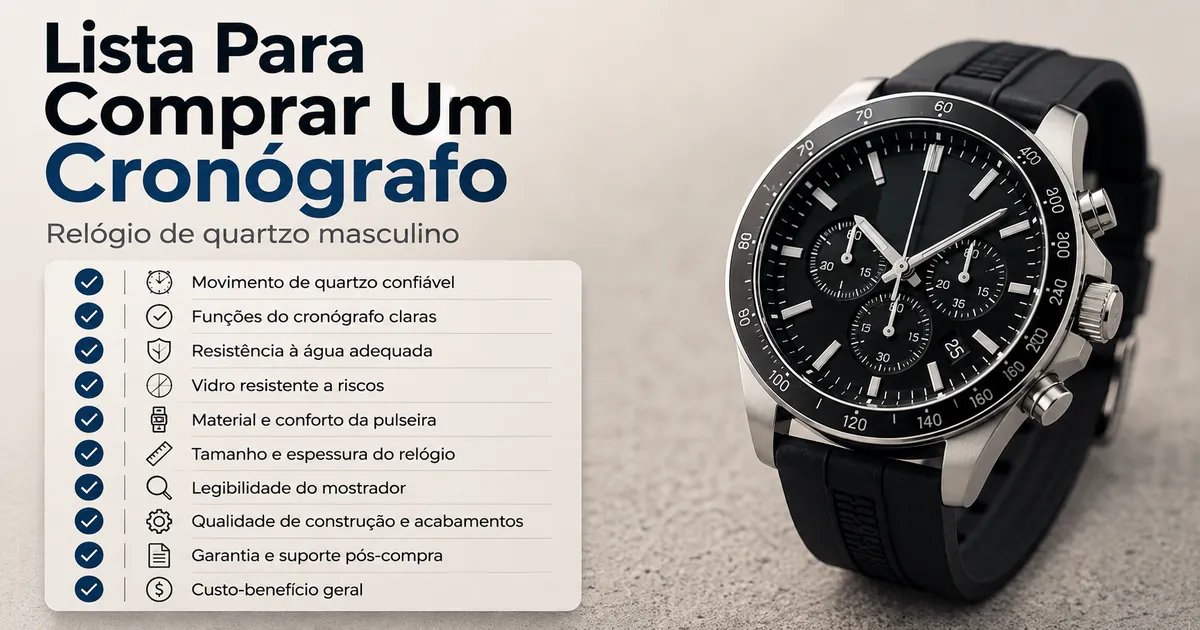 Lista para avaliar um relógio cronógrafo de quartzo masculino antes da compra