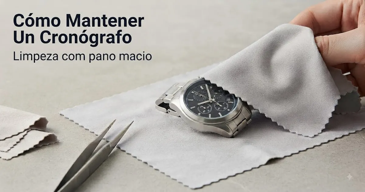 Relógio cronógrafo de quartzo masculino sendo limpo com pano macio para manutenção regular
