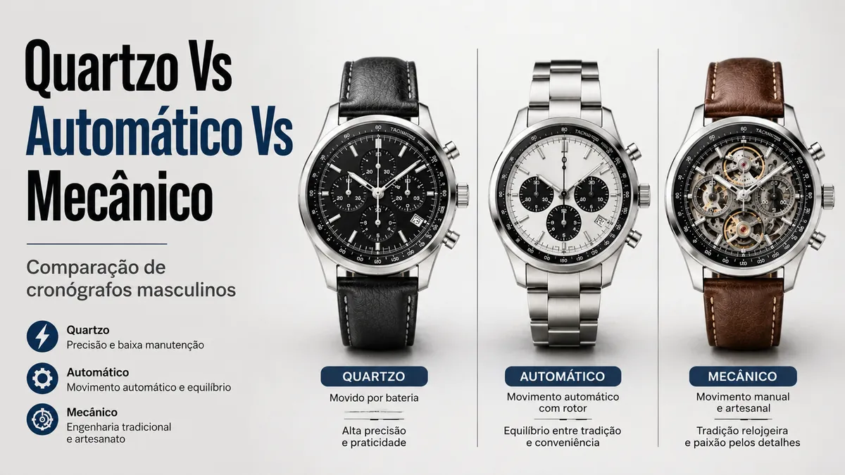 Relógio cronógrafo de quartzo masculino comparado com modelos de cronógrafo automático e mecânico