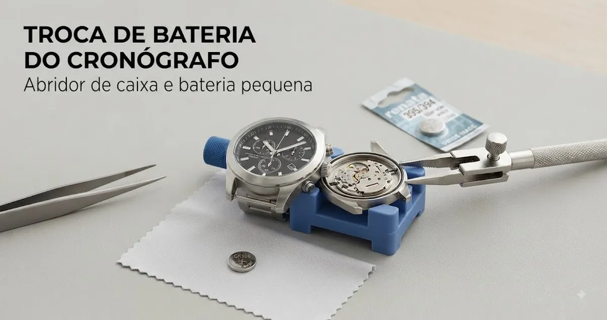 Preparação para trocar a bateria de um relógio cronógrafo de quartzo masculino com abridor de caixa e bateria pequena