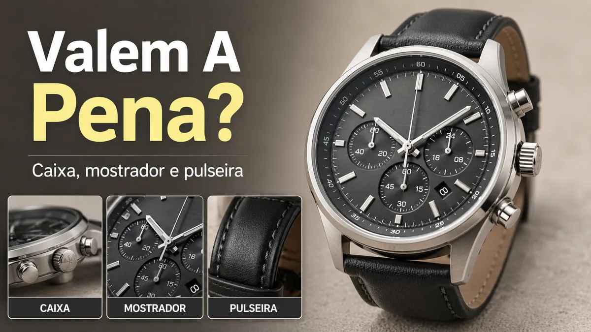 Relógio cronógrafo de quartzo masculino exibindo detalhes de qualidade como caixa, mostrador e pulseira