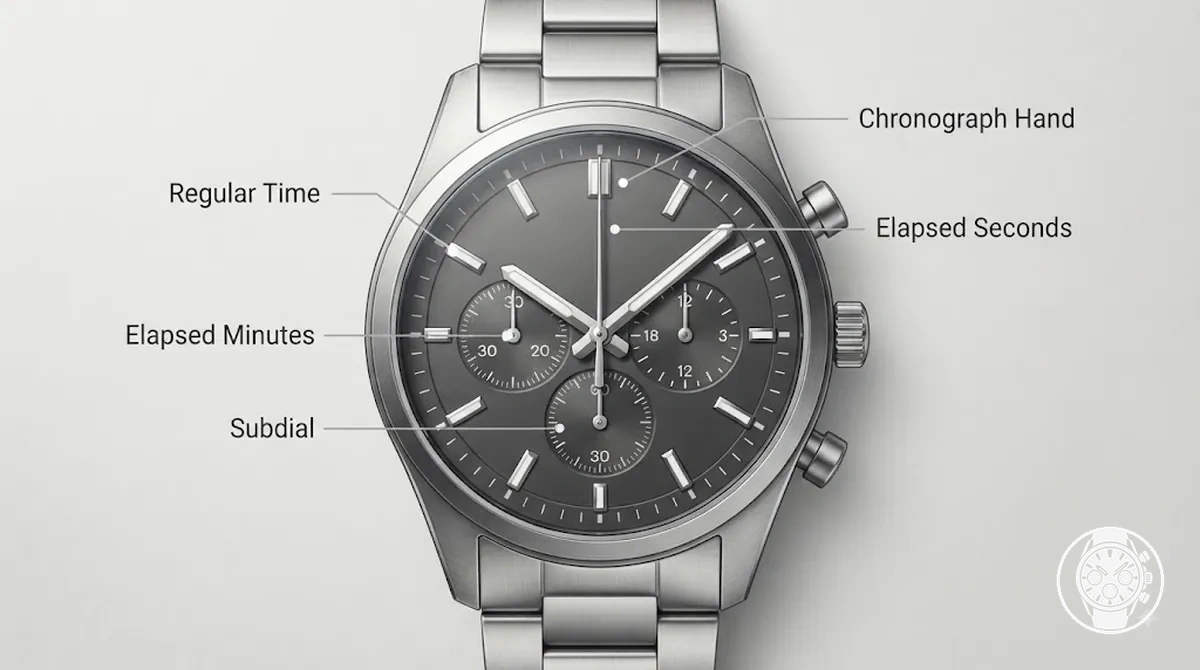 Ayrı normal zaman ve geçen süre ekranlarını gösteren analog kuvars kronograf kadranı