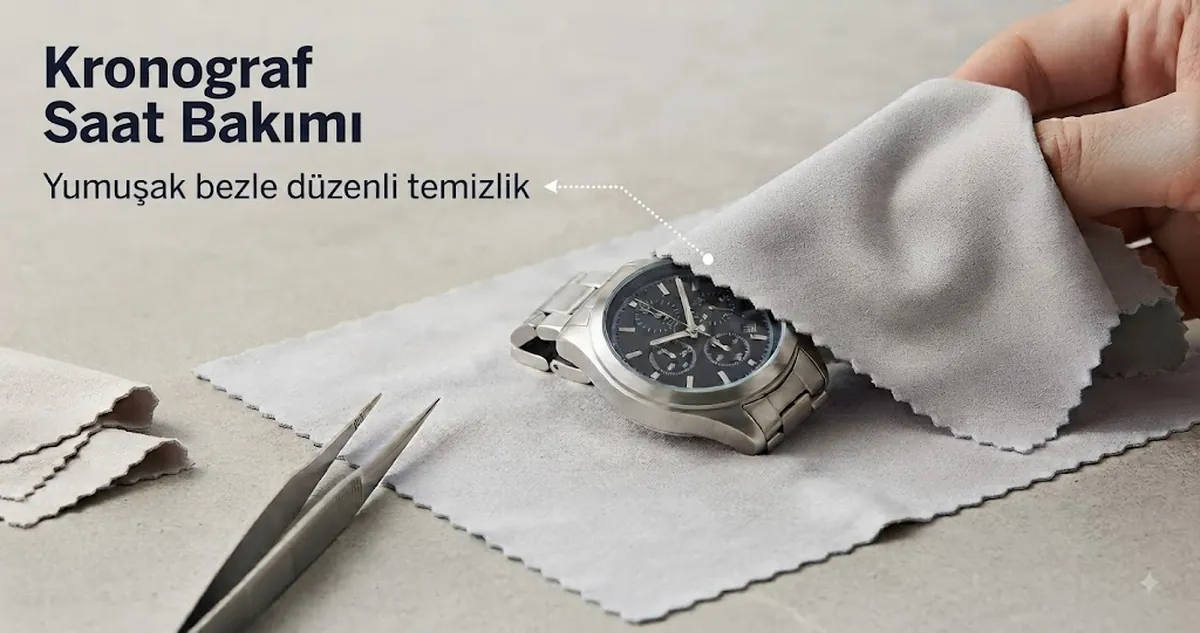 Düzenli bakım için yumuşak bezle temizlenen erkek kuvars kronograf saat