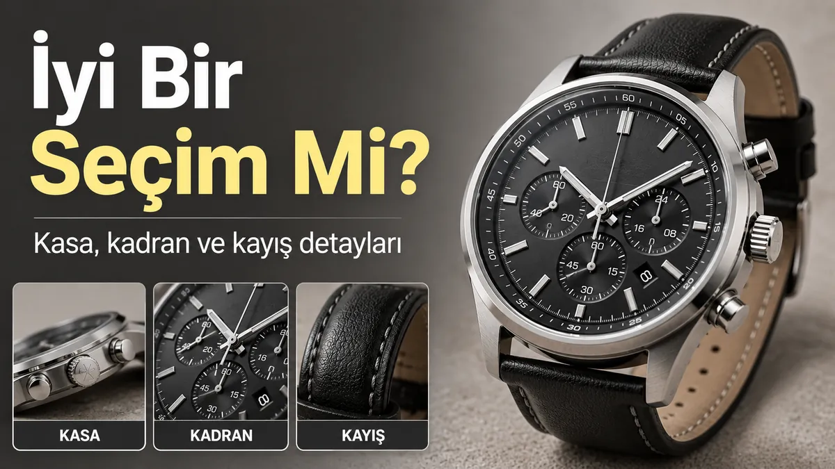 Kasa, kadran ve kayış gibi kalite ayrıntılarıyla gösterilen erkek kuvars kronograf saat