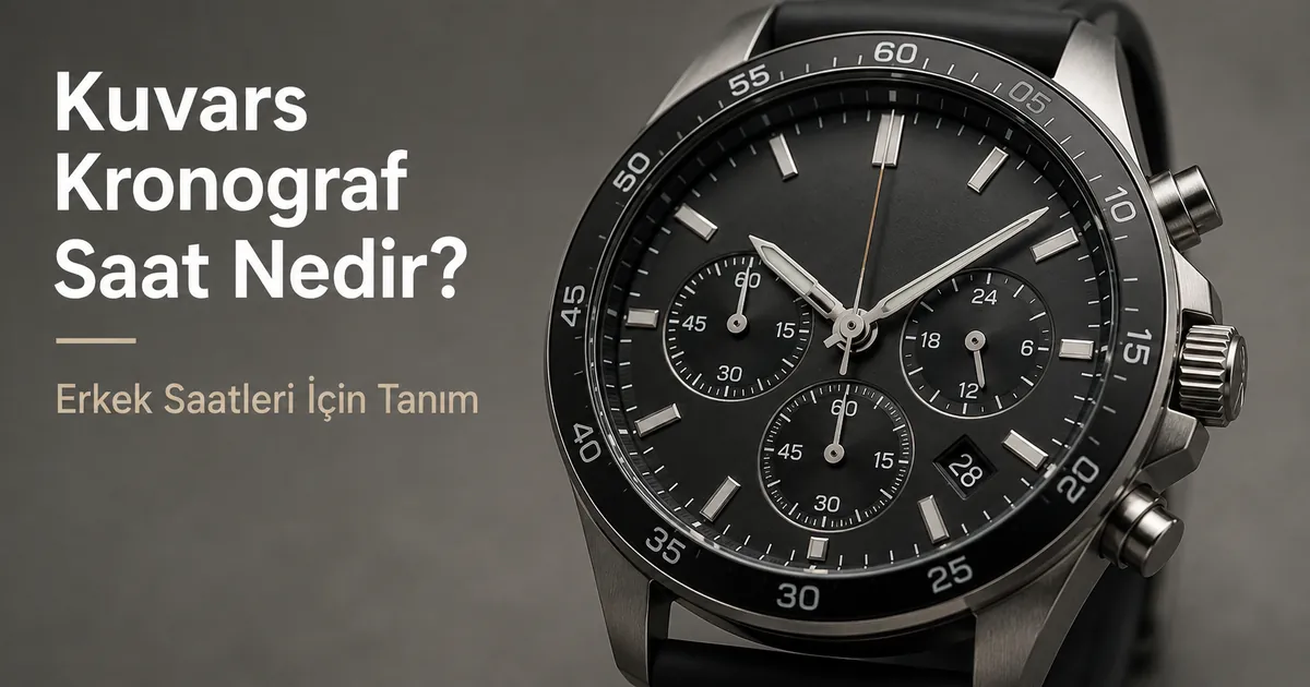 Alt kadranları ve yan düğmeleri görünen erkek kuvars kronograf saat kadranının yakın görünümü