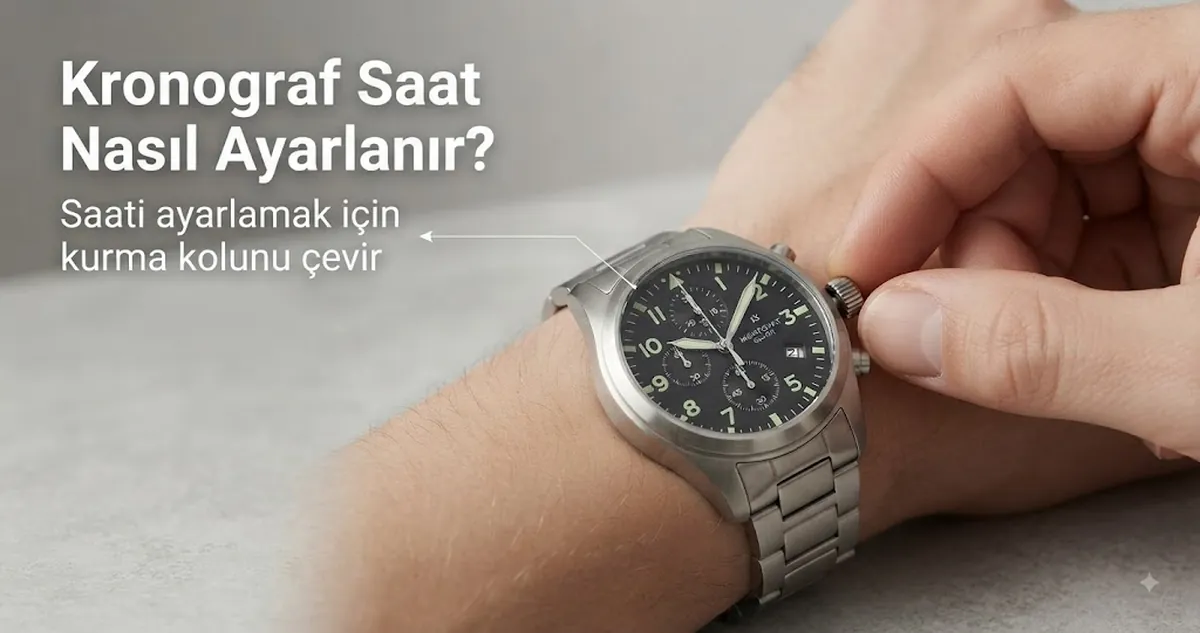 Saati ayarlamak için erkek kuvars kronograf saatin kurma kolunu çeviren eller