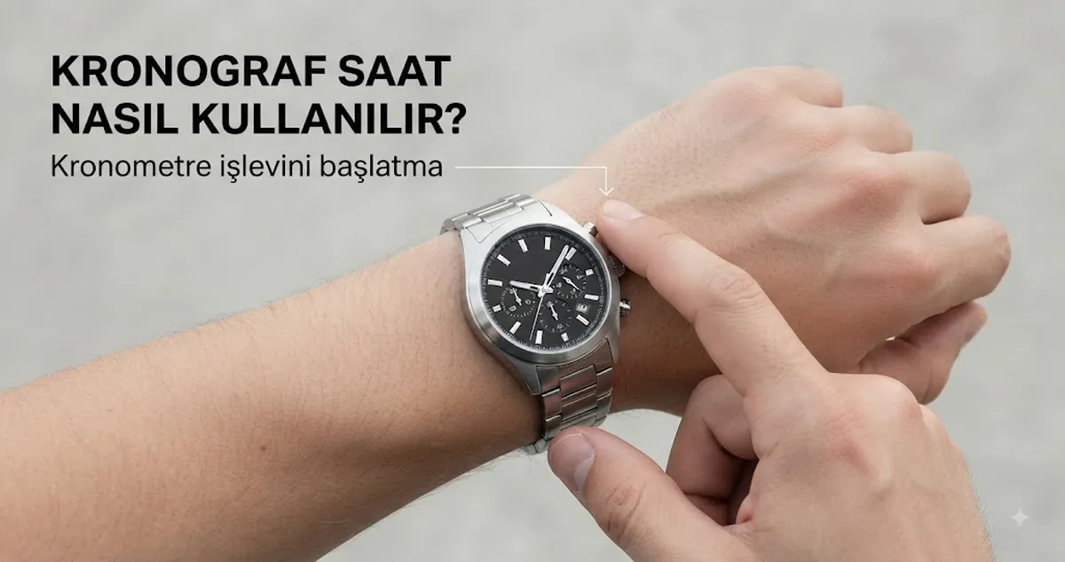 Kronometre işlevini kullanmak için erkek kuvars kronograf saatin yan düğmesine basan kişi