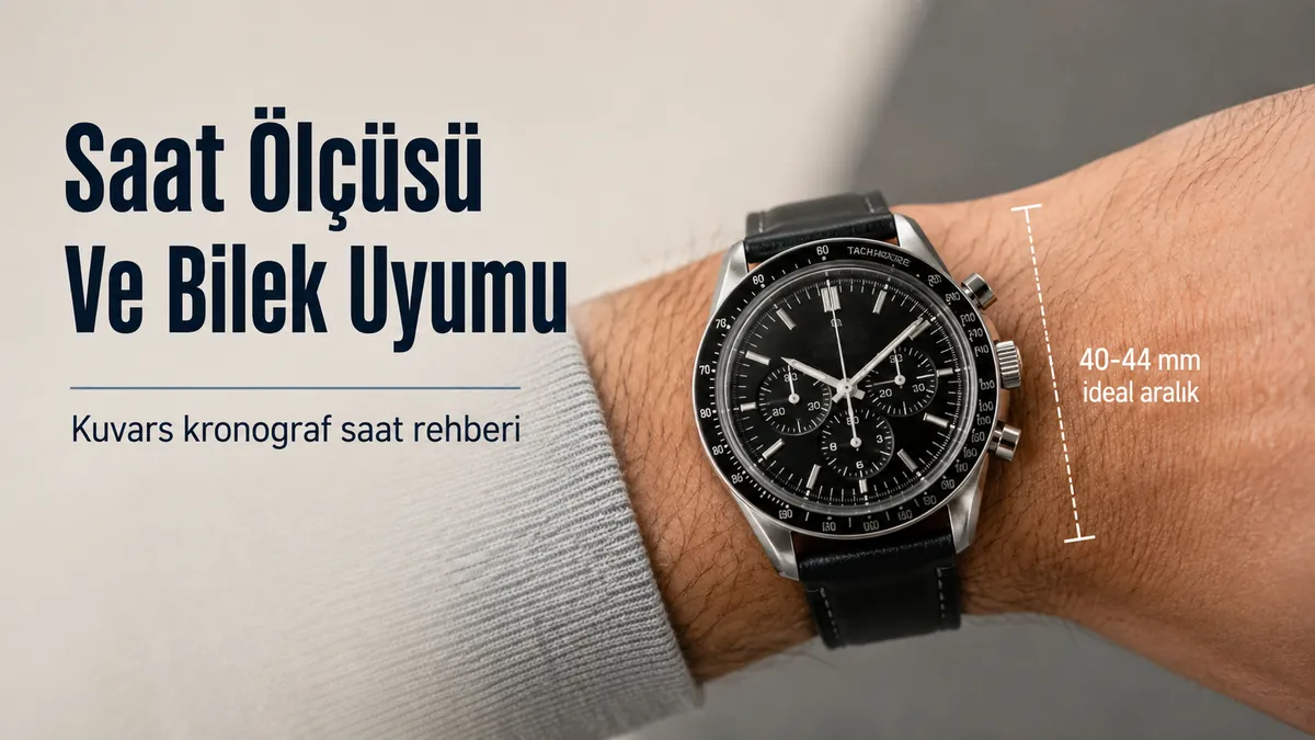 Kasa ölçüsü ve bilek uyumunu göstermek için bilekte takılı erkek kuvars kronograf saat