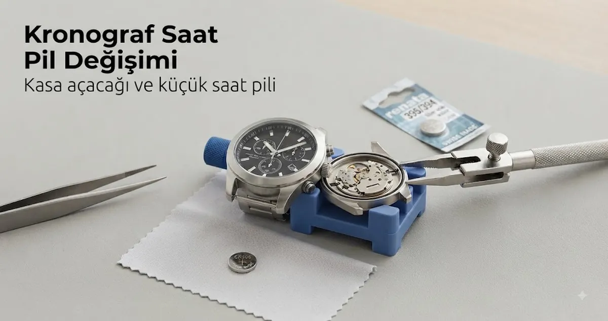 Kasa açacağı ve küçük saat piliyle erkek kuvars kronograf saat için pil değişimi hazırlığı