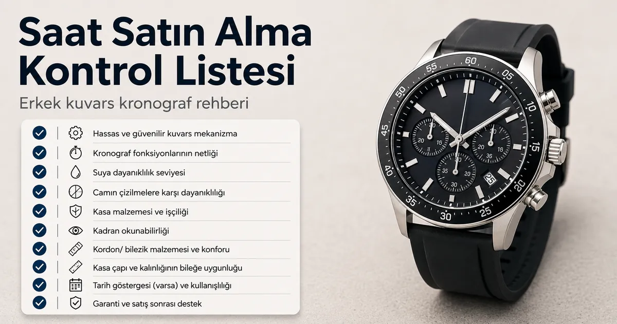 Satın almadan önce erkek kuvars kronograf saati değerlendirmek için kontrol listesi görünümü