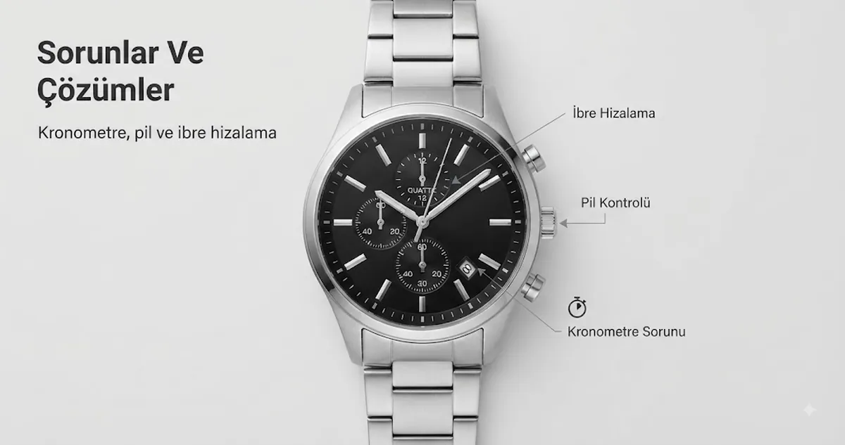 Kronometre, pil ve ibre hizalama sorunları için kontrol edilen erkek kuvars kronograf saat