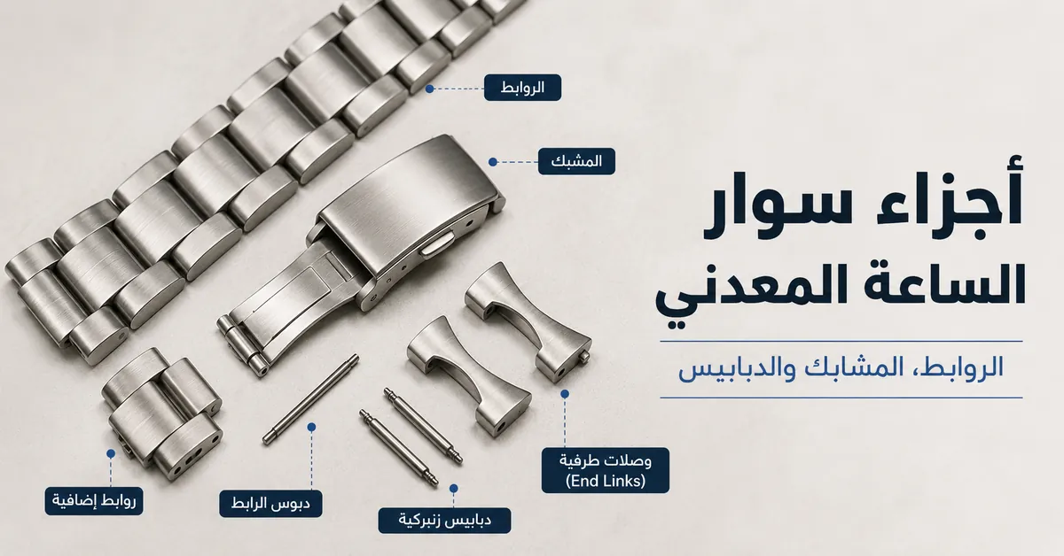 أجزاء سوار ساعة معدني تشمل الروابط والمشبك والوصلات الطرفية والدبابيس والقضبان الزنبركية