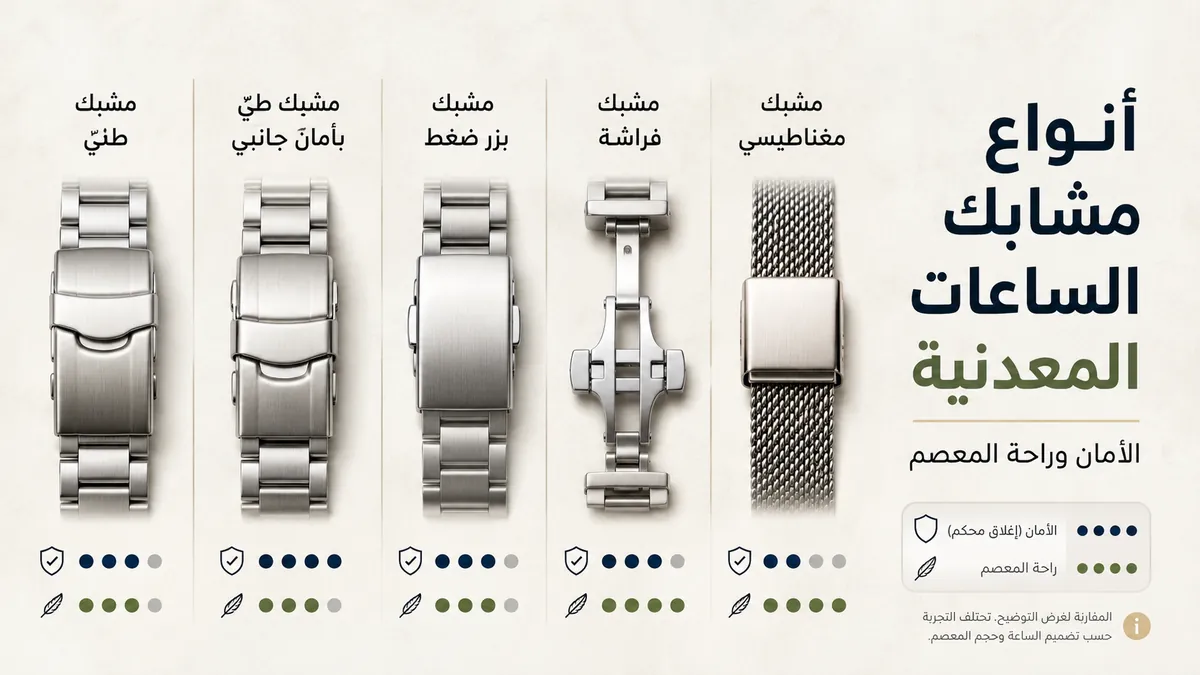 أنواع مشابك أساور الساعات المعدنية مقارنة من حيث أمان الإغلاق وراحة المعصم