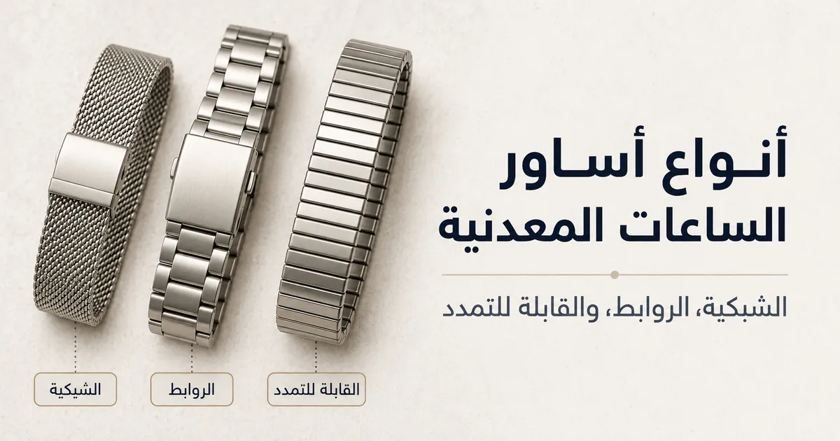 أنواع مختلفة من أساور الساعات المعدنية تشمل الشبكية وذات الروابط والقابلة للتمدد
