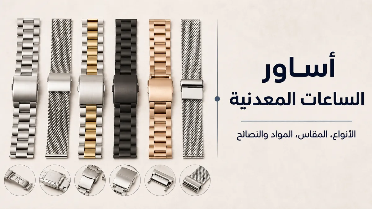 أساور ساعات معدنية تعرض أنواعًا ومقاسات وموادًا وأنماط مشابك مختلفة
